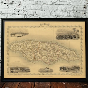 Carte de la Jamaïque, 1851. Réimpression d'une carte ancienne. Carte pliée en lin. Décoration murale carte vintage. Ancienne carte unique. Impression d'art. Reproduction d'une carte ancienne.