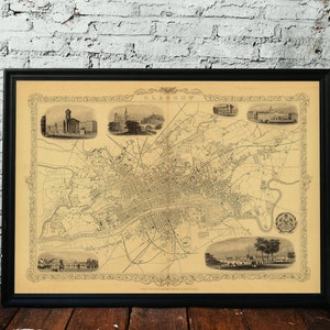Carte de GLASGOW, 1851. Réimpression d'une carte ancienne. Carte pliée en lin. Décoration murale carte vintage. Ancienne carte unique. Impression d'art. Reproduction d'une carte ancienne.