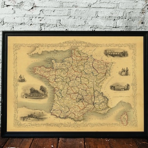 CARTE DE FRANCE, 1851. Réimpression de carte ancienne. Carte pliée en lin. Décoration murale carte vintage. Ancienne carte unique. Impression d'art. Reproduction d'une carte ancienne.