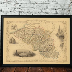 Carte de la Belgique, 1851. Réimpression d'une carte ancienne. Carte pliée en lin. Décoration murale carte vintage. Ancienne carte unique. Impression d'art. Reproduction d'une carte ancienne.