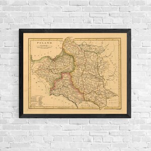 Carte de Pologne, 1808. Réimpression d'une carte ancienne. Carte pliée en lin. Décoration murale carte vintage. Ancienne carte unique. Impression d'art. Reproduction d'une carte ancienne.