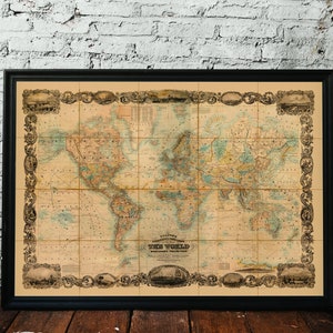 Carte du monde, 1857. Réimpression d'une carte ancienne. Carte pliée en lin. Décoration murale carte vintage. Ancienne carte unique. Impression d'art. Reproduction d'une carte ancienne.