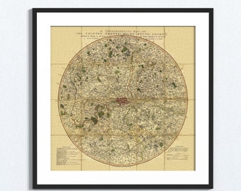 LONDRES, William Faden, à vingt milles autour de Londres, 1800. Carte pliée avec dos en lin. Réimpression de l'ancienne carte