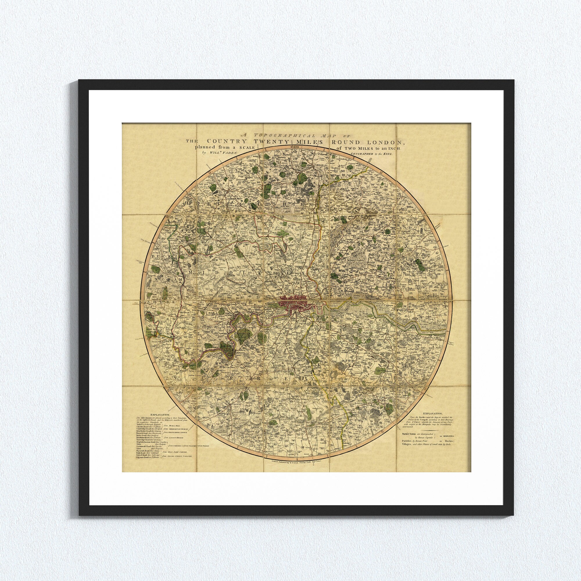 Londres, William Faden, À Vingt Milles Autour De Londres, 1800. Carte Pliée Avec Dos En Lin. Réimpression L'ancienne Carte