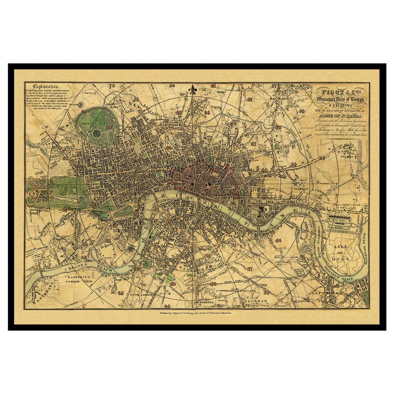 Peut inclure: Une carte ancienne de Londres, en Angleterre, imprim&eacute;e en encre brune, noire et verte sur un fond cr&egrave;me. La carte montre les rues, les rivi&egrave;res et les monuments de la ville, notamment la Tamise, Hyde Park et la Tour de Londres. La carte est intitul&eacute;e "PIGOT & CO's Miniature Map of London & Vicinity".
