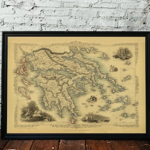 GRIECHENLAND KARTE, 1851. Alte Landkarte Reprint. Mit Leinen verstärkte, gefaltete Karte. Wanddeko Vintage Landkarte. Einzigartige alte Landkarte. Kunstdruck. Alte Landkarte.