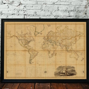 Carte du monde, 1817. Réimpression de l'ancienne carte. Carte pliée en lin. Décoration murale carte vintage. Ancienne carte unique. Impression d'art. Reproduction d'une carte ancienne.