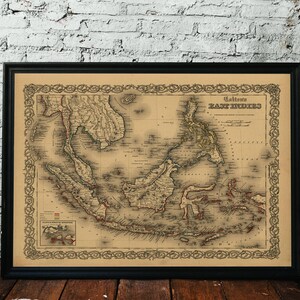 Carte des Indes orientales, 1855. Réimpression d'une carte ancienne. Carte pliée en lin. Décoration murale carte vintage. Ancienne carte unique. Impression d'art. Reproduction d'une carte ancienne.