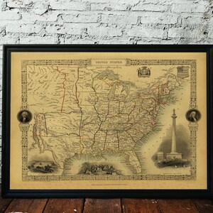 Carte des États-Unis, 1851. Réimpression de l'ancienne carte. Carte pliée en lin. Décoration murale carte vintage. Ancienne carte unique. Impression d'art. Reproduction d'une carte ancienne