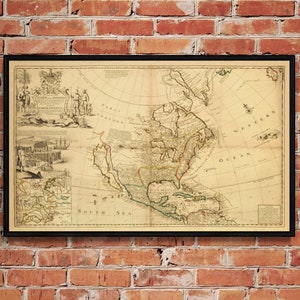 Carte de l'Amérique du Nord, 1719. Réimpression d'une carte ancienne. Carte pliée en lin. Décoration murale carte vintage. Ancienne carte unique. Impression d'art. Reproduction d'une carte ancienne.