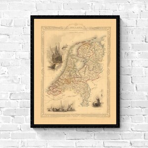 HOLLAND MAP, 1851. Ancienne réimpression de carte. Carte pliée et doublée de lin. Décoration murale carte vintage. Ancienne carte unique. Impression artistique. Reproduction de carte ancienne.