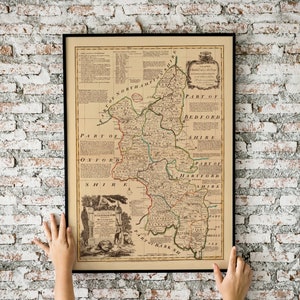 BUCKINGHAMSHIRE, 1760. Carte pliée avec dos en lin. Réimpression de l'ancienne carte