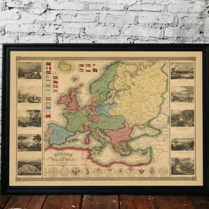 Carte de l'Europe, 1840. Réimpression d'une carte ancienne. Carte pliée en lin. Décoration murale carte vintage. Ancienne carte unique. Impression d'art. Reproduction d'une carte ancienne.