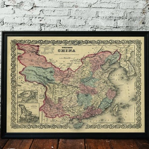 Carte de Chine, 1855. Réimpression de carte ancienne. Carte pliée en lin. Décoration murale carte vintage. Ancienne carte unique. Impression d'art. Reproduction d'une carte ancienne.