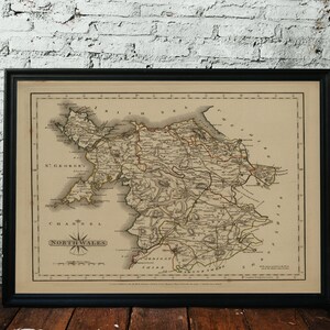 Carte du nord du Pays de Galles, 1787. Réimpression d'une carte ancienne. Carte pliée en lin. Décoration murale carte vintage. Ancienne carte unique. Impression d'art. Reproduction d'une carte ancienne.