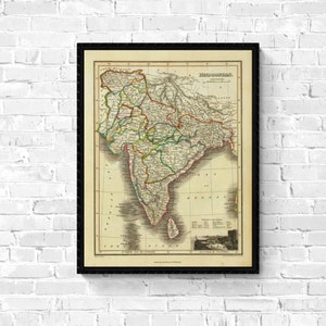 Carte de l'Inde, 1824. Réimpression d'une carte ancienne. Carte pliée en lin. Décoration murale carte vintage. Ancienne carte unique. Impression d'art. Reproduction d'une carte ancienne.