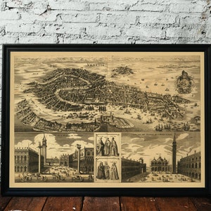 Carte de Venise, 1730. Réimpression de carte ancienne. Carte pliée en lin. Décoration murale carte vintage. Ancienne carte unique. Impression d'art. Reproduction d'une carte ancienne.