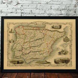 CARTE DE L'ESPAGNE ET DU PORTUGAL, 1851. Carte pliée avec dos en lin. Réimpression de l'ancienne carte