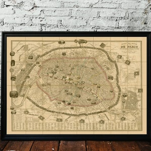 CARTE DE PARIS, 1852. Réimpression de carte ancienne. Carte pliée en lin. Décoration murale carte vintage. Ancienne carte unique. Impression d'art. Reproduction d'une carte ancienne.