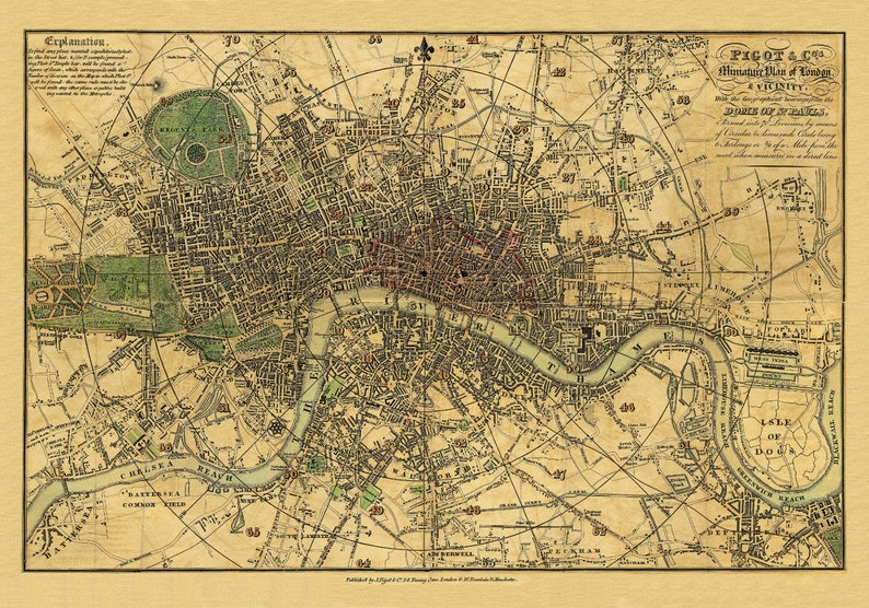 Peut inclure: Une carte ancienne de Londres, en Angleterre, imprim&eacute;e &agrave; l'encre brune et noire sur du papier cr&egrave;me. La carte montre les rues, les rivi&egrave;res et les monuments de la ville, notamment Regent's Park, la Tamise et l'Isle of Dogs. La carte est intitul&eacute;e "Pigot & Co.'s Miniature Plan of London & County".