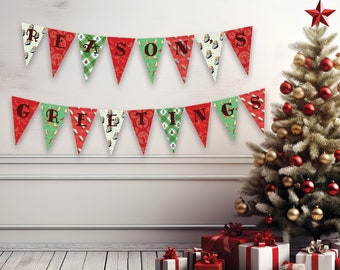 May include: Christmas banner flags spelling "REASONS GREETING" in red, green, and white. The flags are decorated with patterns and bird illustrations. A decorated Christmas tree with ornaments and gifts is in the background.