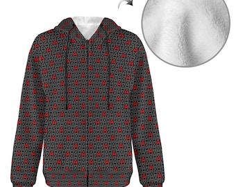 May include: A full-zip hoodie with a repeating pattern of red and gray chain-like designs. The hoodie has a black zipper and a white interior lining. A close-up shows the soft, white, plush interior fabric. The hoodie is a comfortable, casual garment.