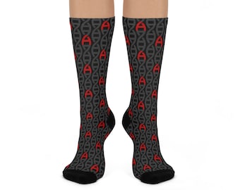 May include: A pair of black socks with a red DNA pattern. The DNA strands are repeated throughout the socks.