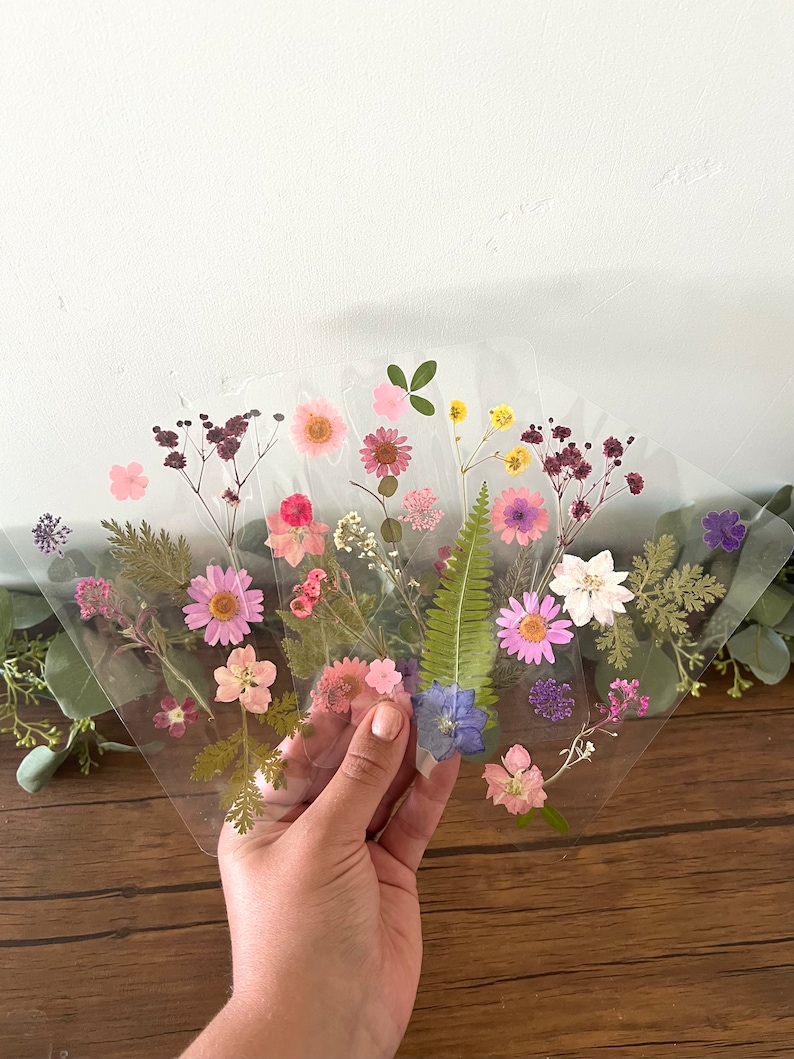 May include: A hand holding several clear, fan-shaped sheets adorned with pressed flowers. The flowers are in various colors, including pink, purple, and yellow, with green fern leaves. The background is a wooden surface and a white wall.