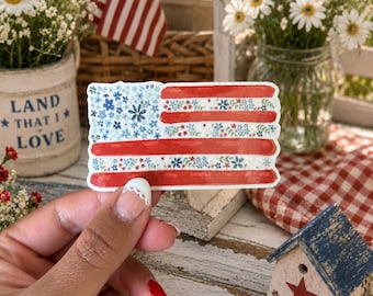 Floral American Flag Sticker | Cottagecore Patriotic Sticker | 4th of July Gift | Water Bottle Hydrojug Laptop Sticker | Wildflower USA Flag