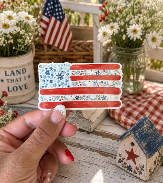 Floral American Flag Sticker | Cottagecore Patriotic Sticker | 4th of July Gift | Water Bottle Hydrojug Laptop Sticker | Wildflower USA Flag