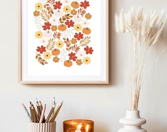 Herfstprint bloemen pompoen: herfstaquarelkunst (digitale download)