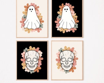 Halloween-prints van geest en schedel met bloemen (digitale download)