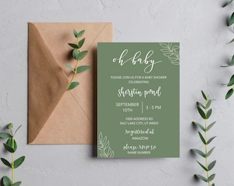 Uitnodiging babyshower saliegroen: boho-groenuitnodiging (digitale download)