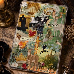 May include: Clear tablet case with a collage design featuring a ship, crowns, deer, a dragon, and the words "fireheart" and "You do not yield". The case has a fantasy theme with a vintage aesthetic.