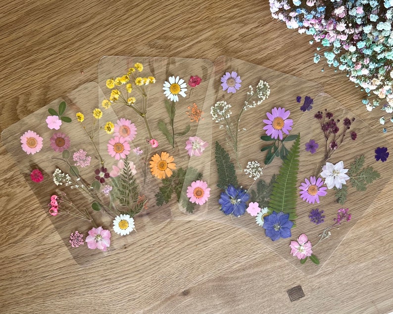 May include: Four clear, square coasters with pressed flowers. Each coaster features a unique arrangement of colorful dried flowers, including daisies, pink blooms, and yellow flowers. The coasters are arranged on a wooden surface.