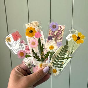 May include: A collection of five clear bookmarks, each featuring pressed flowers and botanical elements. The flowers are in various colors, including yellow, pink, and purple, and are arranged on vintage-style paper. The bookmarks are held in a hand.