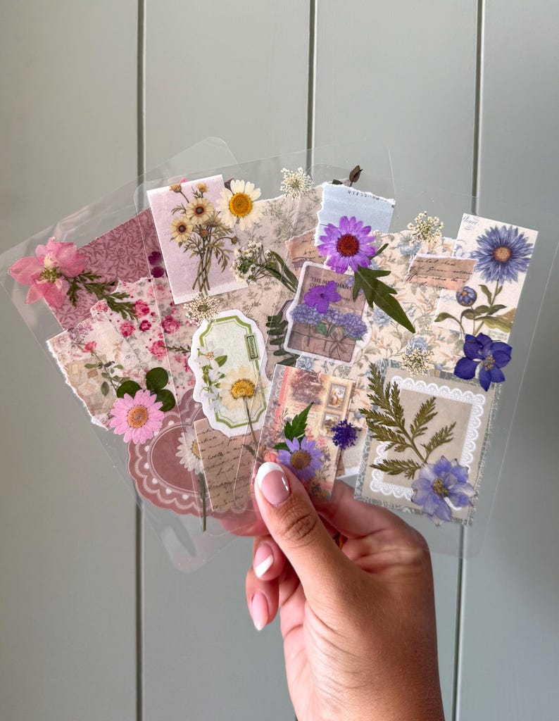 May include: A collection of pressed flower art pieces, featuring various colorful blooms and foliage. The floral arrangements are set against patterned paper backgrounds and encased in clear plastic sleeves. The pieces are held in a hand with a neutral background.