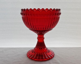 May include: A vibrant red glass compote dish featuring a scalloped rim, vertical ribbing along the bowl and pedestal base, and a decorative band of raised circular dots encircling the upper portion of the bowl and the center of the stem.