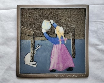 Arabia Finland: Small Girl and a Rabbit, a Small Wall Tile Designed by HLS