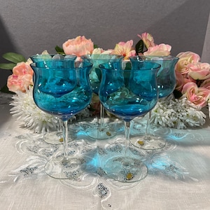 Vintage Polish Wine Glasses Blue with clear stems x 5