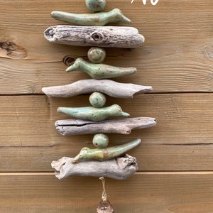 Spring/Bird/Wind Chime/Garden Decor/Pottery/Handmade/Driftwood/Wabi Sabi/Natural/Rustic/Home Decor/Mothers Day/Cottage/Canadian Made