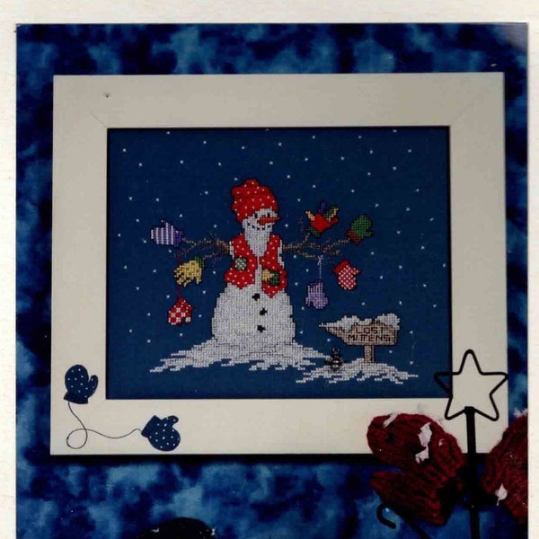 Sue Hillis Designs "Lost Mittens" | Vintage 1990's Snowman Cross Stitch Pattern Leaflet | Snowman Charm Included!