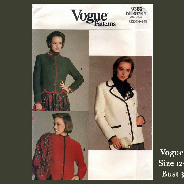 Vintage 1980's Vogue 9382 | Misses' Semi-Fitted Below Waist Jacket Sewing Pattern | Size 12-14-16 | Uncut FF