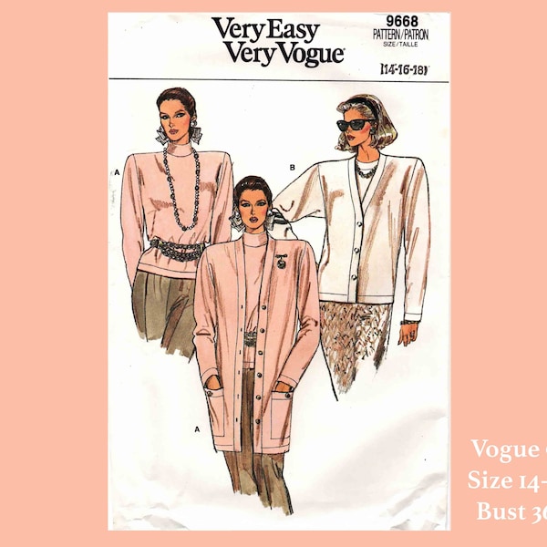 Very Easy Very Vogue 9668 ~ Vintage 1980's Women's Misses' Cardigan & Top Sewing Pattern ~ Uncut / Factory Fold ~  Sizes 14-16-18