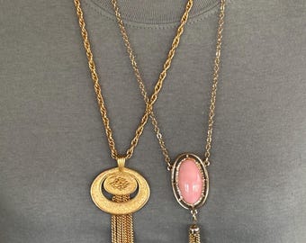 Vintage lot of 2 tassel pendant necklaces - pink Sarah Coventry and gold tone Avon