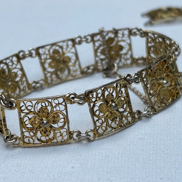 Vintage vermeil 800 silver filigree link bracelet open wire work stamped 835 beautiful 6.5” with safety chain and 2 extra panel links