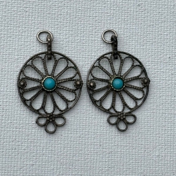 Two vintage silver southwestern open work charms with turquoise center silver rope wire turquoise inlay 50s 60s