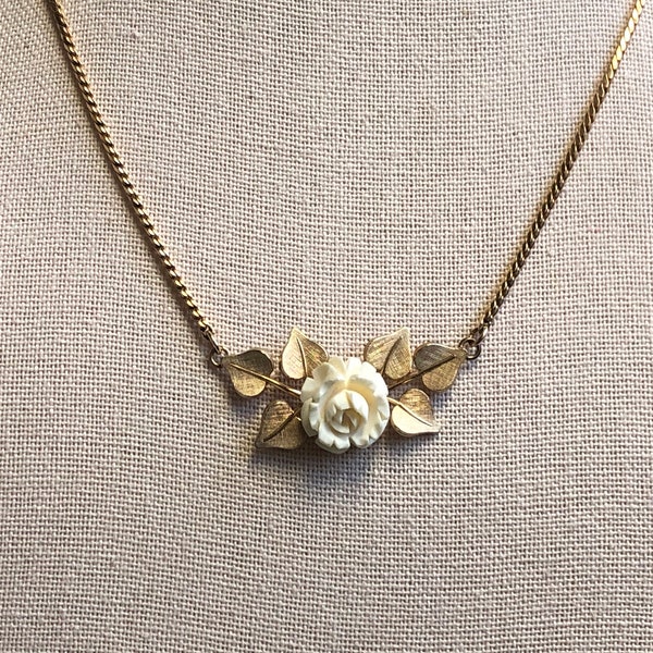 Vintage Van Dell signed gold filled necklace with celluloid carved flower pendant and textured leaves