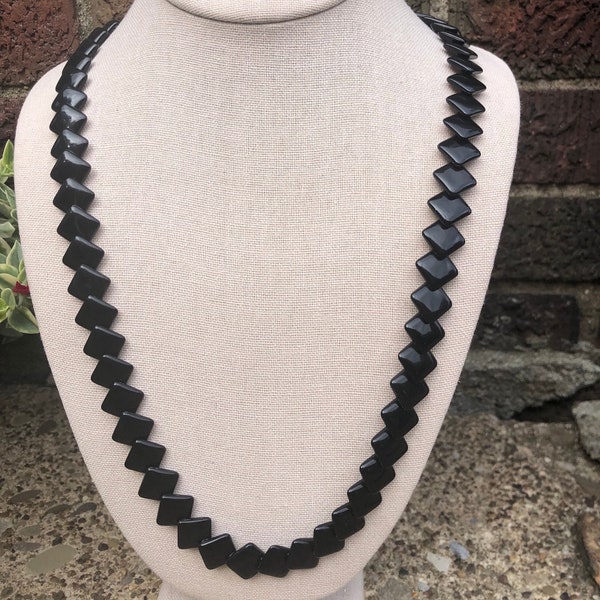 Vintage signed Trifari black plastic square bead extra long necklace goth glam emo chic