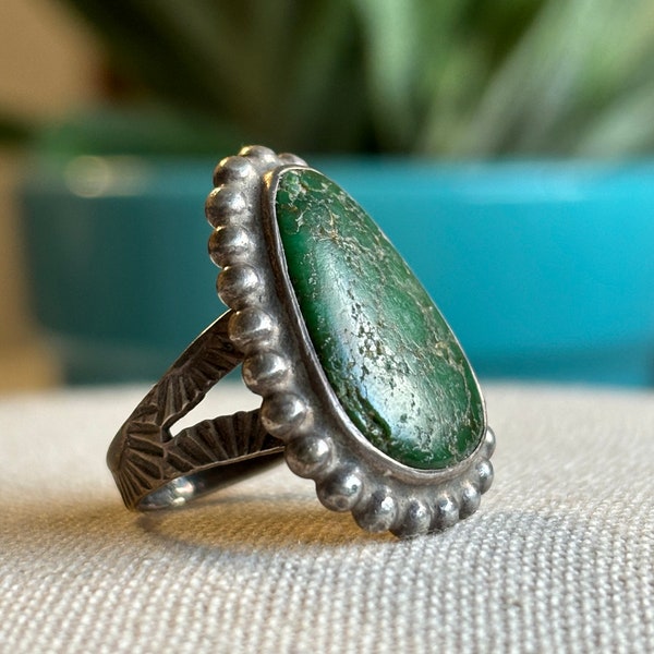 Vintage old  silver Native American ring with stamp work and dark green turquoise stone Fred Harvey era size 4.75
